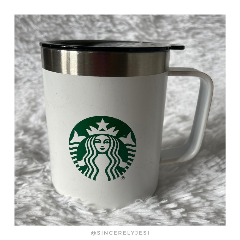 Starbucks ▪ White Metal 12 fl oz Green Siren Logo Short Travel Mug